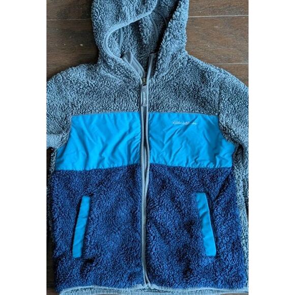 Eddie Bauer Quest Fleece Plush Hooded Jacket Boys M 10 12 Blue Gray Striped - Picture 3 of 10